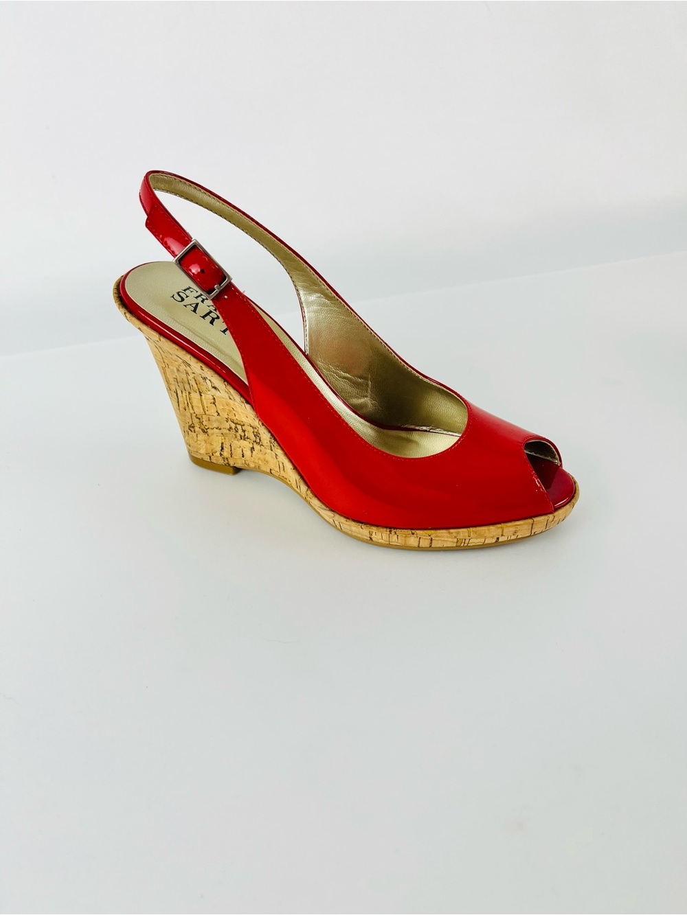 Franco Sarto Sarah Peep Toe Patent Leather Wedge Sandal Red Cork Heel Size 6.5